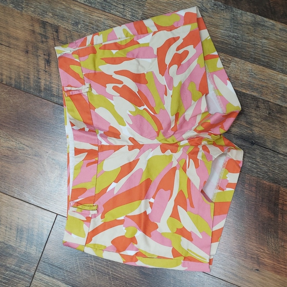 J Crew Factory Orange, Green, Pink, and White Abstract Stretch Shorts, Size 0